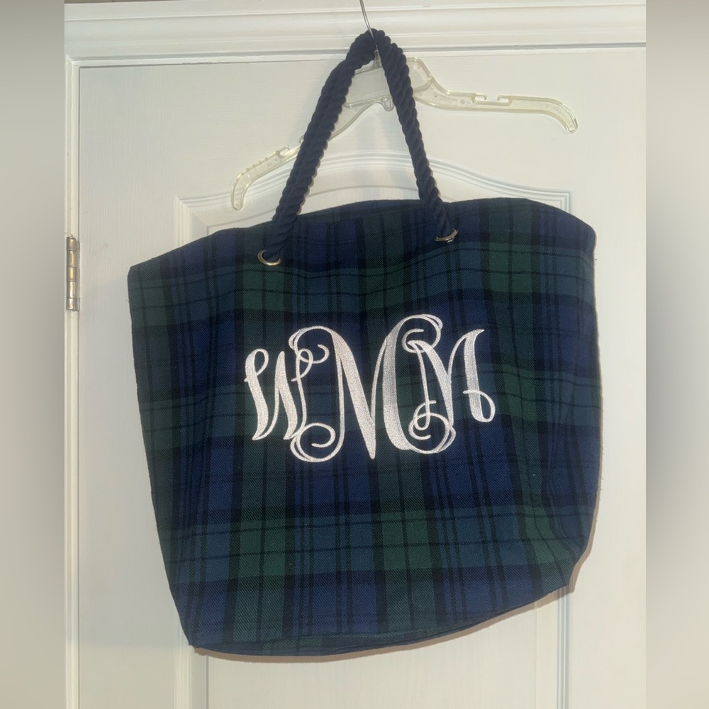 ❤️2 for 10❤️ WMM green & blue plaid monogram initial tote bag w/ braided strap